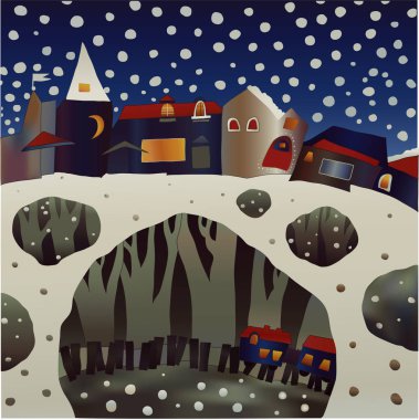 Gece boyunca köyün karla kaplı olduğu Noel manzarası
