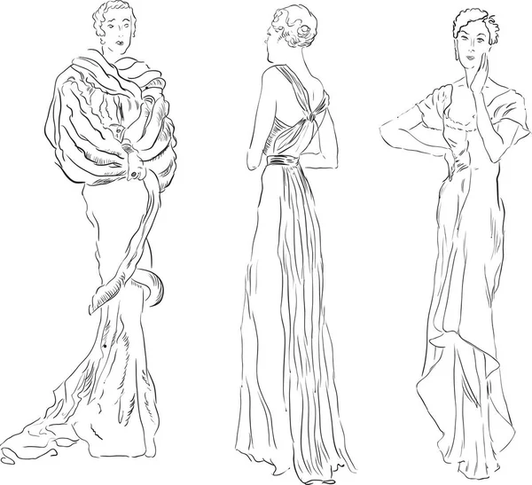 Drei Weibliche Figuren Abendkleidern Vektorillustration Handzeichnung — Stockvektor