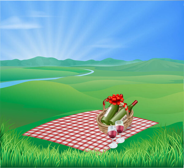 Background with beautiful landscape and picnic basket on foreground 