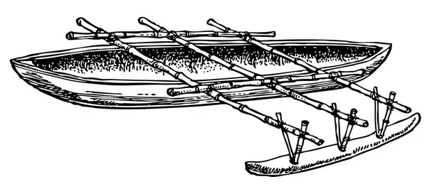 河里的独木舟 老式雕刻品 — 图库矢量图片