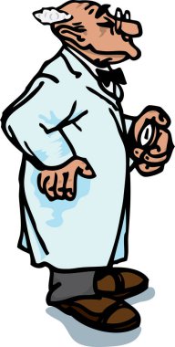 Çizgi film bilim adamı cep saatini tutuyor.