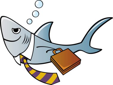 Beyaz arka planda çanta ve kravat ile köpekbalığı.