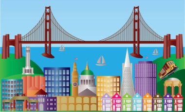 Renkli binalar ve vektör illüstrasyonlu San Francisco şehri silüeti
