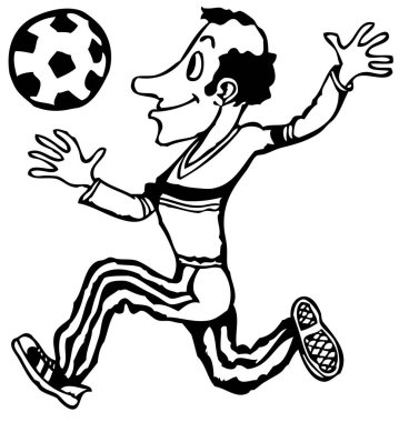 Futbol oynayan futbolcunun siyah beyaz çizgi film çizimi