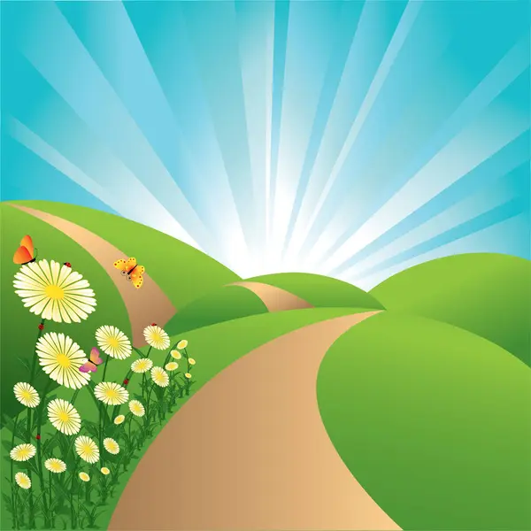 Весенний Пейзаж Зеленые Поля Голубое Небо Цветы Бабочки — стоковый вектор