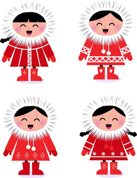 Kırmızı Kalın Elbiseli Küçük Şirin Kızlar — Stok Vektör