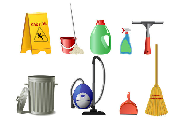 set of cleaning tools on white background.