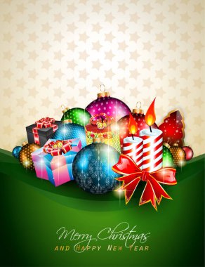 Yılbaşı baloları ve hediyelerle bayrağınızı kutlarım. vektör illüstrasyonu