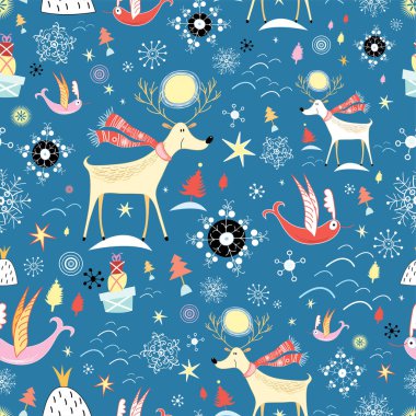 Noel desensiz, şirin çizgi film geyiği, geyik, kar taneleri. Paket kağıdı için vektör arkaplanı. Yılbaşı ve kış tatilleri için yeni yıl kartı..