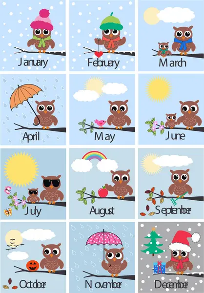 面白いフクロウとカレンダー — ストックベクタ