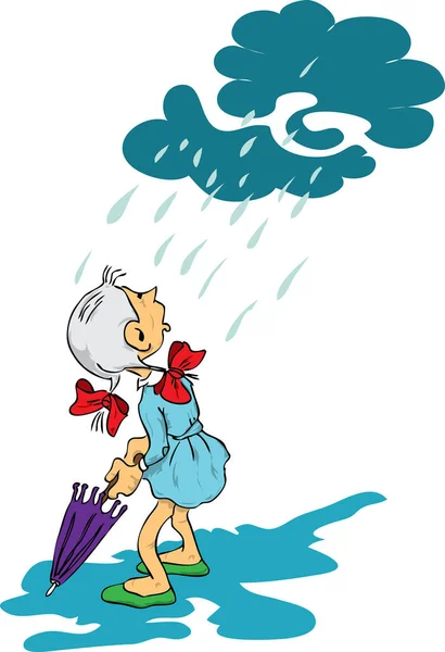 Şemsiye Açan Bir Kızın Resmi Yağmur Yağmaya Başlıyor — Stok Vektör