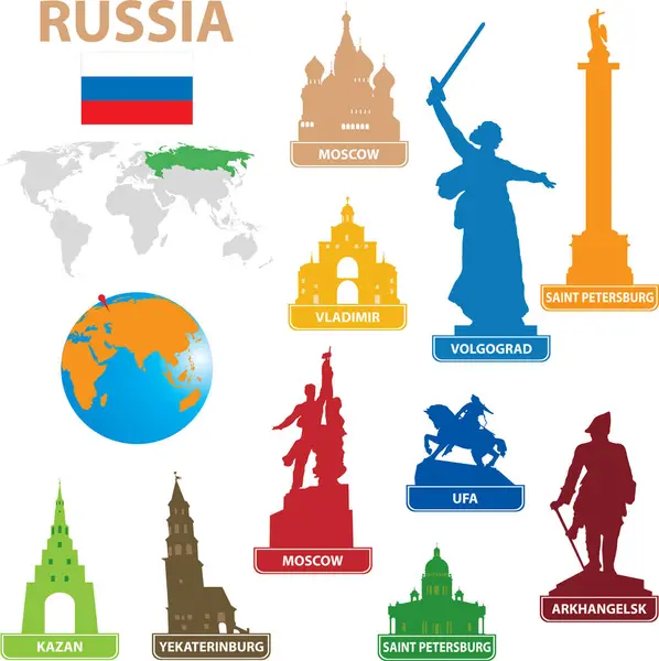 Ensemble Icônes Emblématiques Populaires Russes Sur Blanc — Image vectorielle
