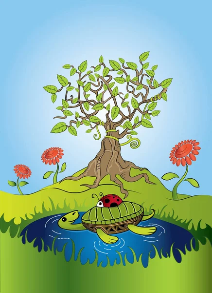 Bunte Illustration Von Grünem Baum Und Schildkröte Die Teich Schwimmen Stockillustration