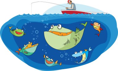 Balıklı bir balıkçının karikatür çizimi