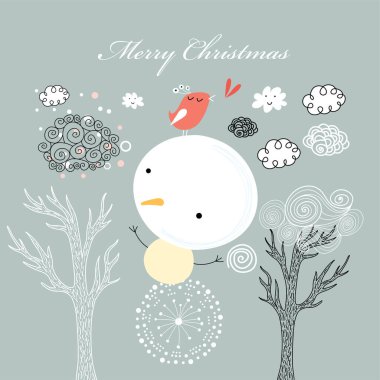 Kardan adam ve kuşun olduğu şirin bir Noel kartı. el çizimi resimleme.