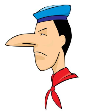 Beyaz tişörtlü ve mavi şapkalı çizgi film adamı.