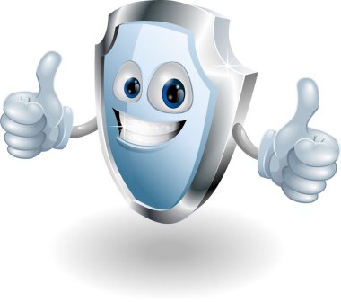 beyaz arkaplanda izole edilmiş çizgi film tarzında bir kalkan karakterini parmakla