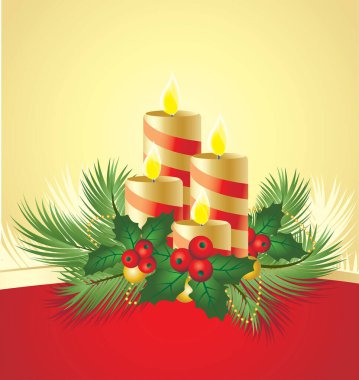 Mumlar ve kutsal dutlarla dolu Noel kartı. 