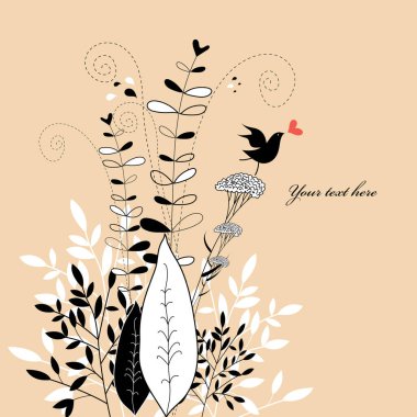 Kuş ve çiçeklerle el çizimi çiçek deseni 