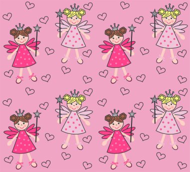 Sevimli küçük peri ve kalplerle kusursuz bir desen. resimleme