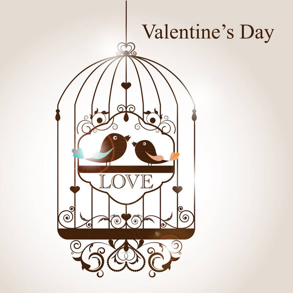 birds in cage valentines day card 