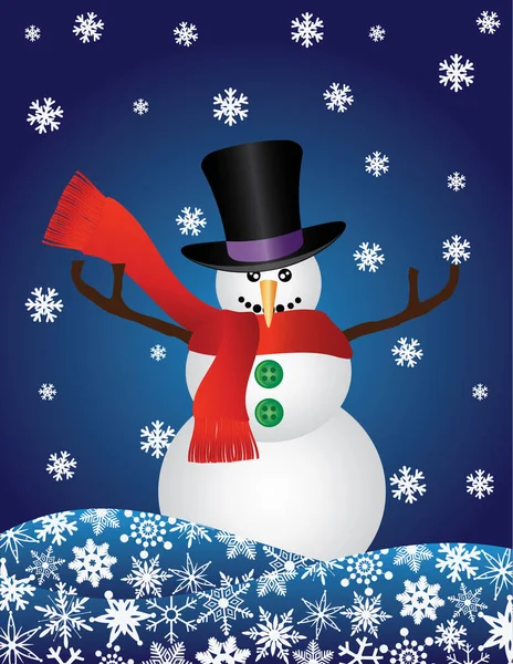 Kerst Sneeuwpop Met Top Hat Sjaal Blauwe Achtergrond Illustratie — Stockvector