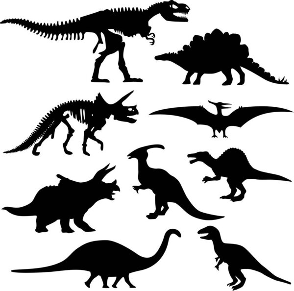 set of black dinosaurs silhouettes