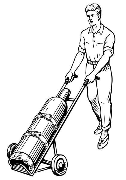 Worker Rolls Gas Cylinder Black White Illustration — Stock Vector