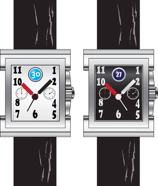 Reloj Moderno Muñeca Con Esfera Rectangular Correa Cuero Negro Ilustración — Vector de stock