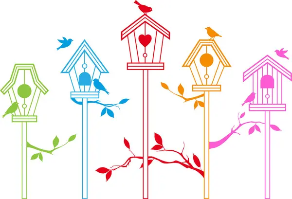 Vektorillustration Von Vögeln Auf Einem Baum Mit Einer Blume — Stockvektor