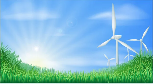 Wind Turbines Green Field Background Blue Sky — Stock Vector