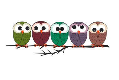 Ağaç dalında oturan renkli baykuşlar