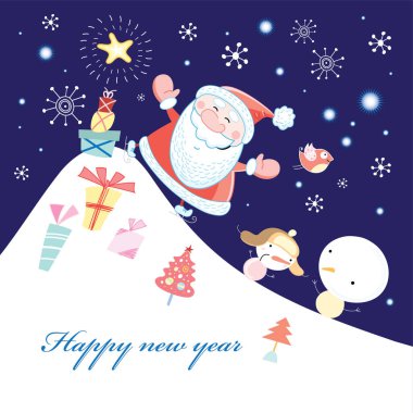 Mutlu yıllar tebrik kartı. Hediyeler ve kardan adamlarla Noel Baba