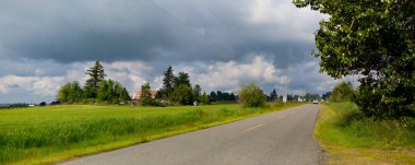 Fırtınalı bir gökyüzü altında tarım arazisinde yol; Abbotsford, British Columbia, Kanada