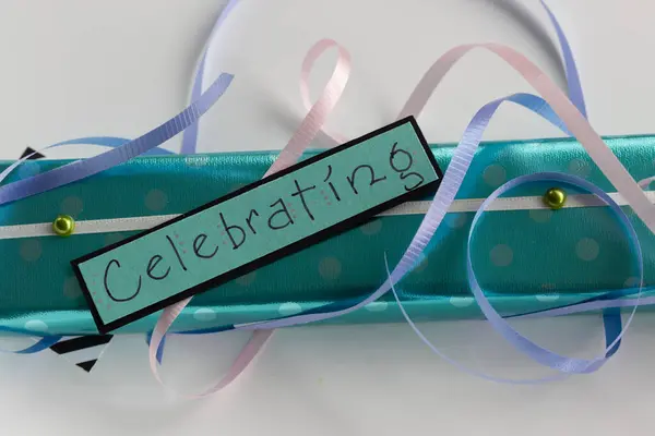 Close Ribbons Decorations Gift Wrap Sign Saying Celebrating —  Fotos de Stock