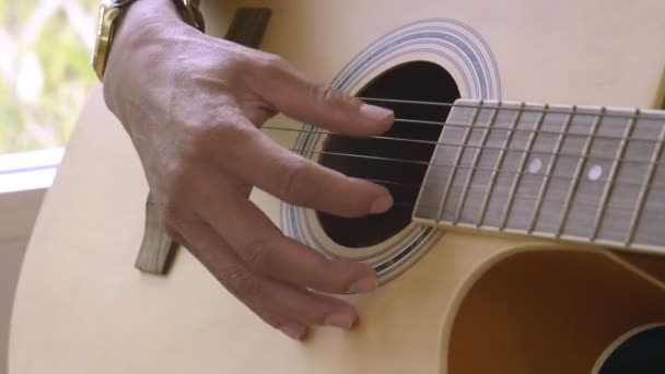 Primer Plano Mano Hombre Tocando Una Guitarra — Vídeos de Stock