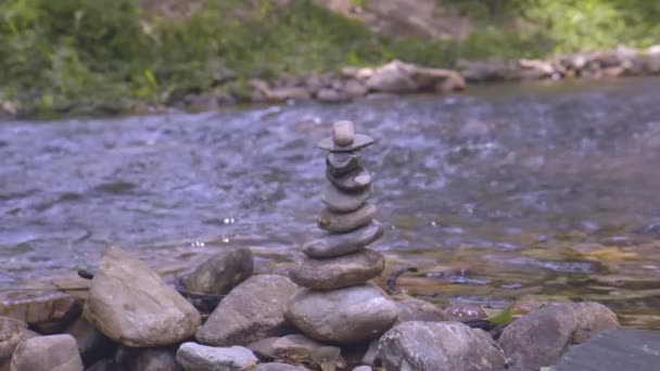 Torre Piedra Junto Agua Corriente Bosque Natural — Vídeos de Stock