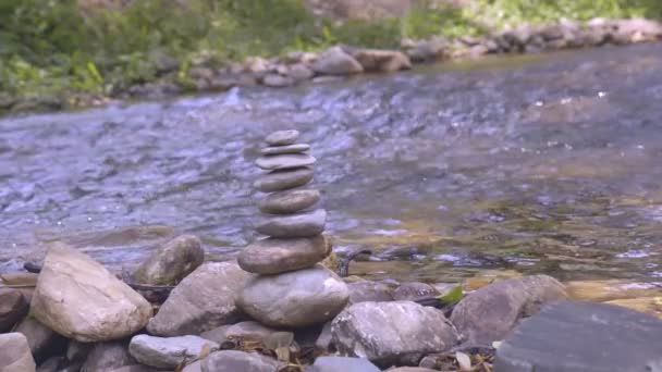 Kamienna Wieża Obok Płynącej Wody Naturalnym Lesie — Wideo stockowe