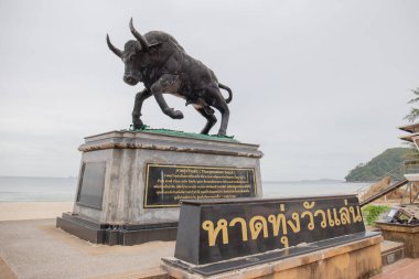 Chumphon, Tayland - 1 Haziran 2024: Thung Wua Laen Plajı 'ndaki büyük siyah kas boğa anıtı, Chumphon, Tayland' daki en ünlü tatil merkezlerinden biri..