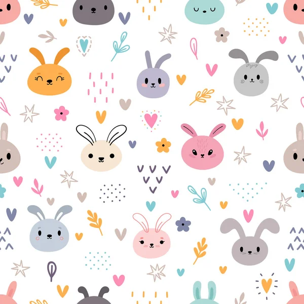 토끼들에게는 패턴입니다 Kawaii 손으로 꽃무늬와 귀여운 동물들을 그렸습니다 일러스트 — 스톡 벡터