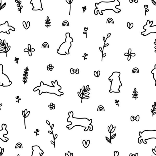 Ручной Рисунок Бесшовный Силуэтами Кроликов Заяц Зайчик Фон Животными Пасха — стоковый вектор