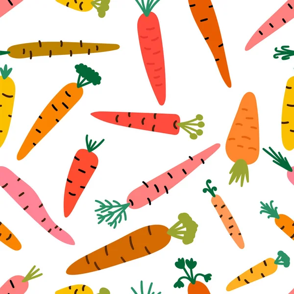 手描きのニンジンとシームレスなパターン 漫画の野菜 ベジタリアンオーナメント 健康食品 ベクターイラスト — ストックベクタ