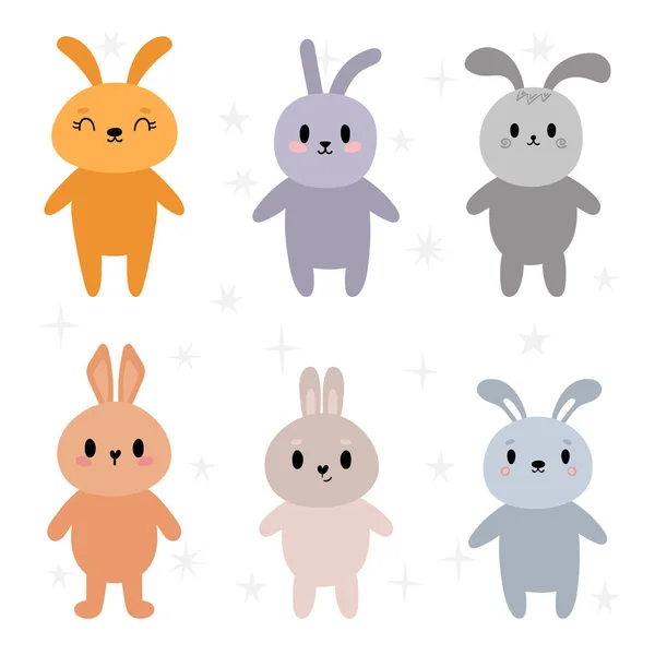 Bir Grup Sevimli Kawaii Tavşanı Küçük Tavşanlar Çizgi Film Karakteri — Stok Vektör