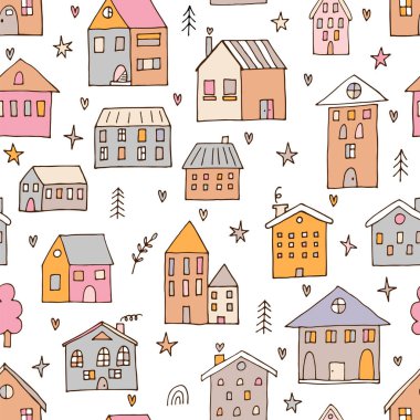 Elle çizilmiş evleri olan hoş, pürüzsüz bir desen. Binalar. Doodle tarzı. Kumaş, tekstil, ambalaj, duvar kağıdı dokusu. Vektör illüstrasyonu
