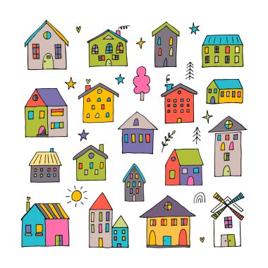 El yapımı şirin evler. Taslak bina koleksiyonu. Doodle tarzı. Vektör illüstrasyonu