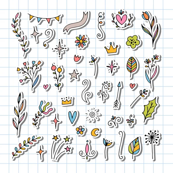 Набір Намальованих Вручну Квіткових Елементів Дизайну Квіти Гілки Зірки Наклейки — стоковий вектор