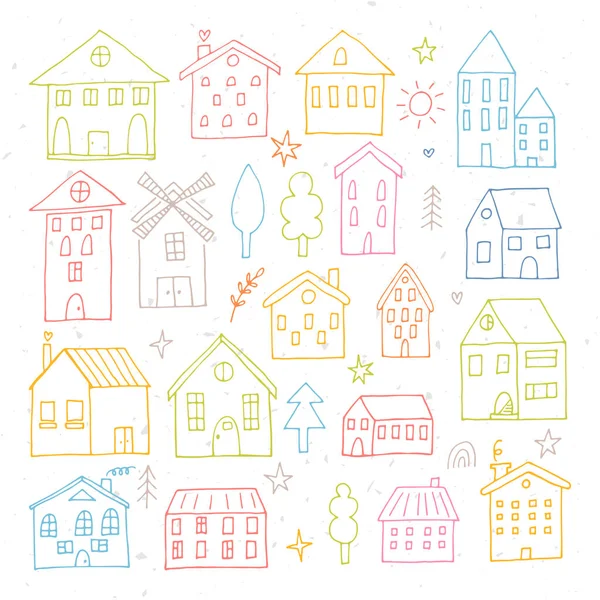 Coleção Casas Desenhadas Mão Coloridas Conjunto Edifícios Desenhados Estilo Doodle — Vetor de Stock