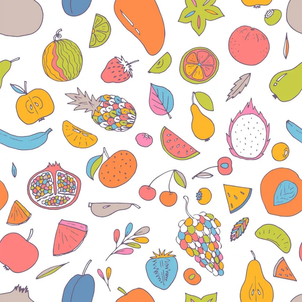 夏の果物や果実とのシームレスなパターンを描いたかわいい手 健康的な食べ物の背景 流行のテキスタイルプリント ベクターイラスト — ストックベクタ