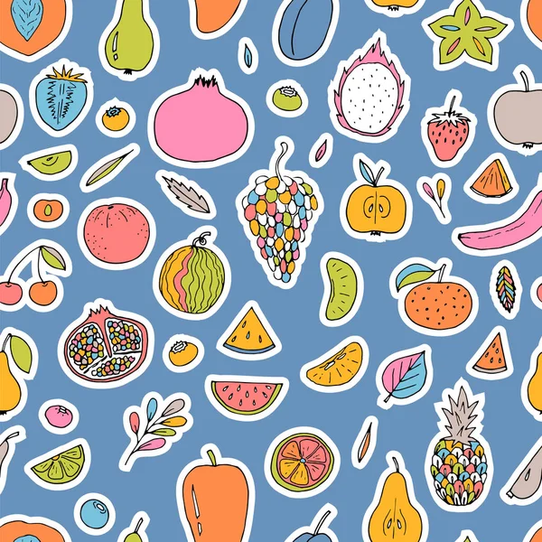 Cute Hand Drawn Seamless Pattern Summer Fruits Berries Healthy Food — Stock Vector