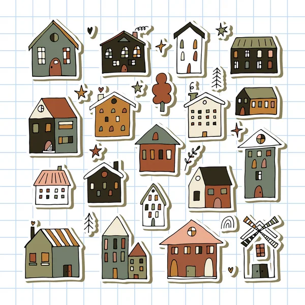 Conjunto Casas Desenhadas Mão Bonitos Coleção Edifícios Esboçados Estilo Doodle — Vetor de Stock
